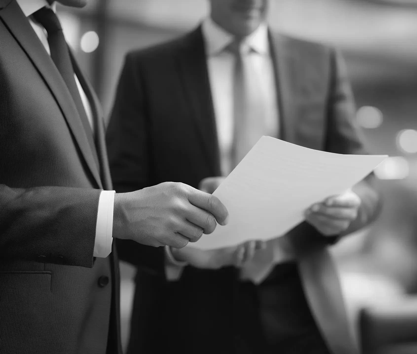 Business professionals in suits reviewing documents together