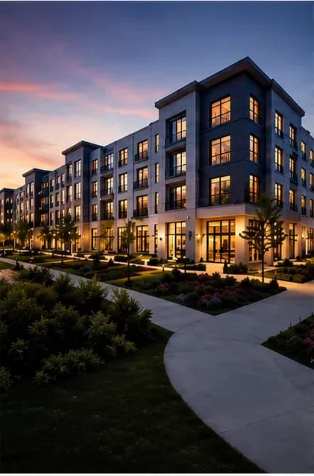 Modern multi-story residential building illuminated at dusk with landscaped courtyard and curved walkway.